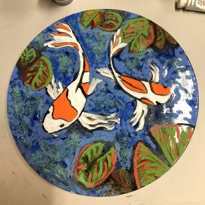 round koi pond glass paintng