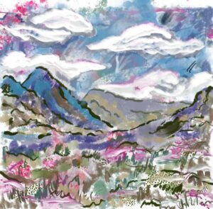 Landscape in blues and pinks. Painted from imagination.